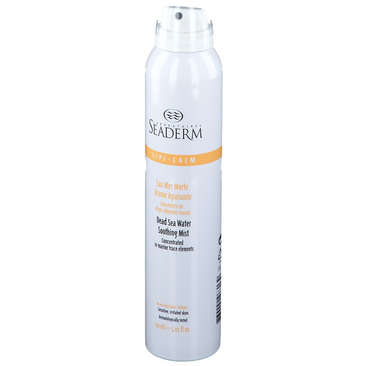 Flacon spray blanc avec informations produit. Inscription: SEADERM Lipi-Calm. Contient de l'eau de la mer Morte. Pour peaux sensibles.