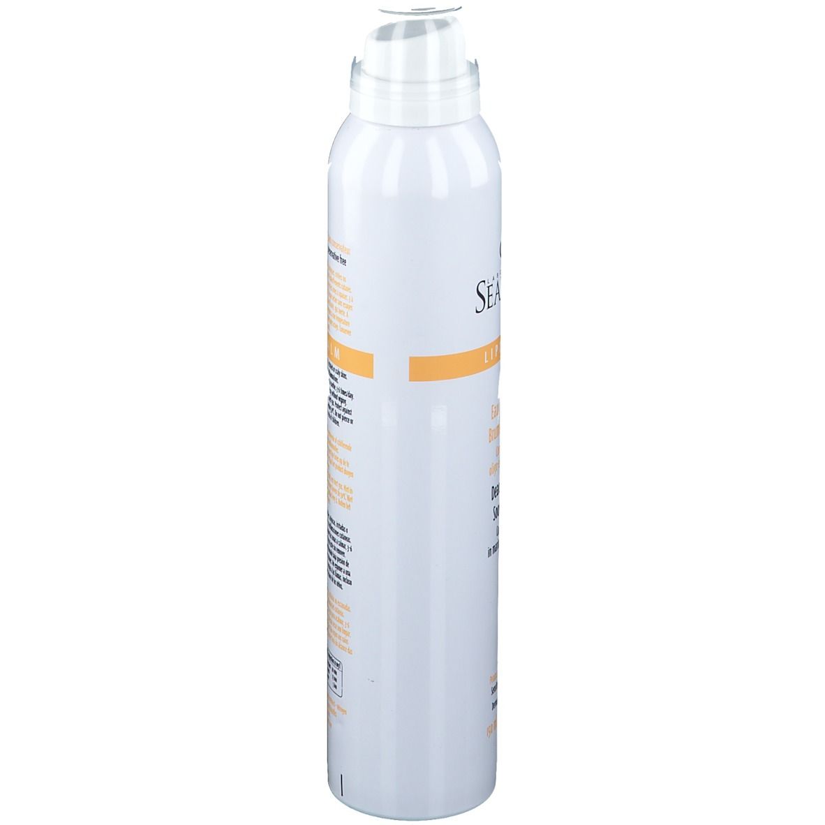 Flacon spray blanc, vue latérale. Informations produit et code-barres visibles. Inscription: SEADERM Lipi-Calm. Pour peaux sensibles.