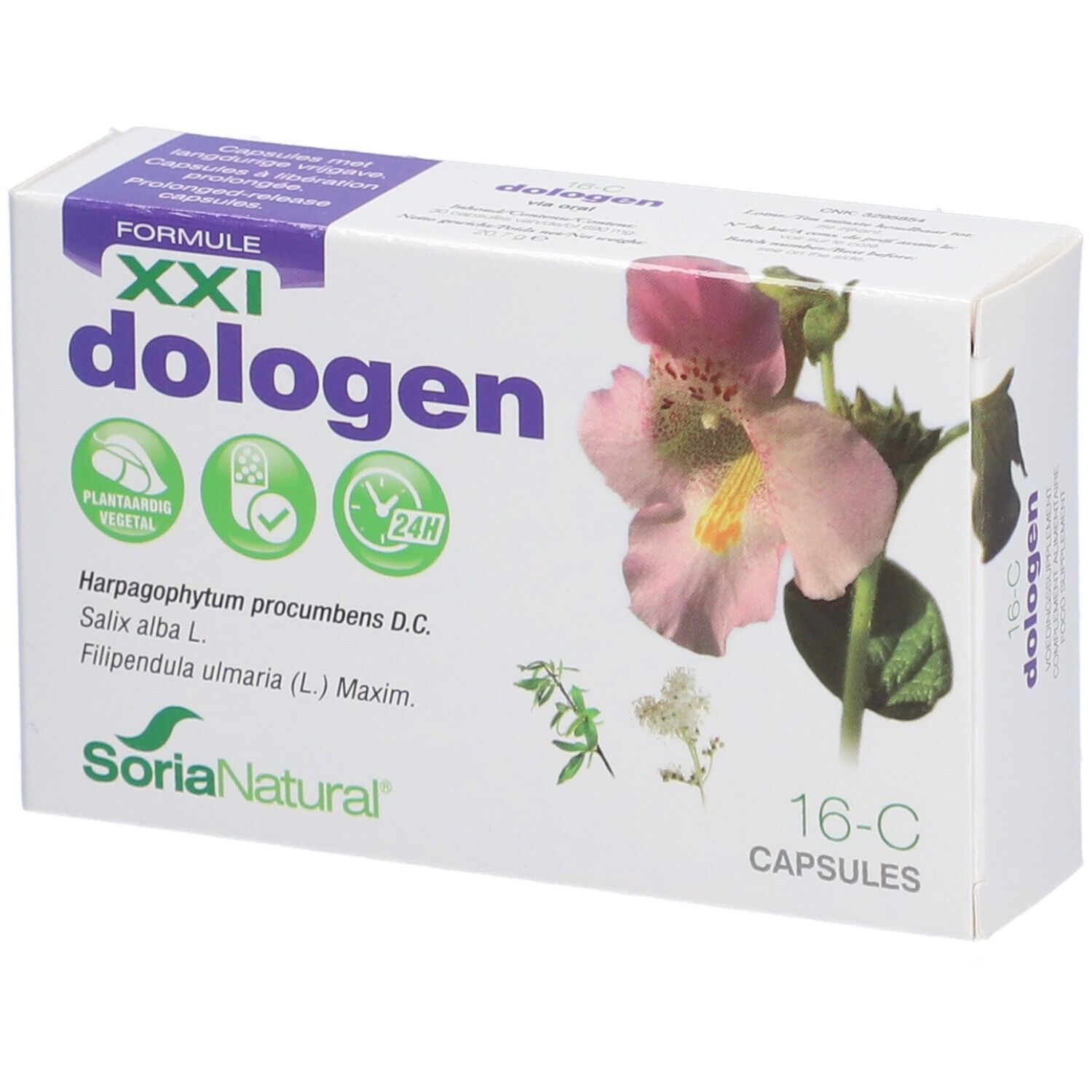 Boîte blanche "dologen" avec motif floral. "Soria Natural" et "16-C CAPSULES" sont visibles.