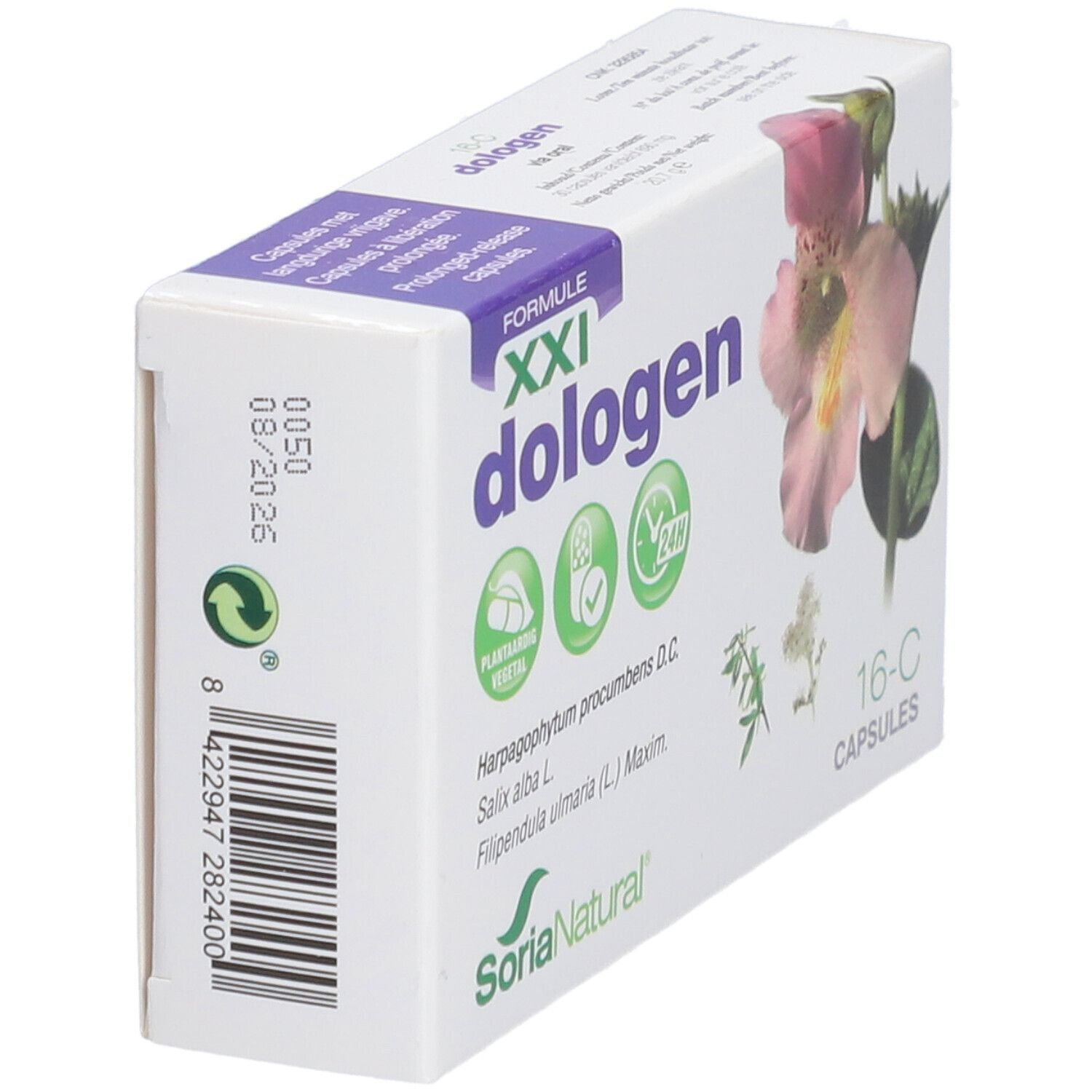 Boîte "dologen" avec motif floral. "Soria Natural" et numéro de lot visibles. Symboles de recyclage verts.