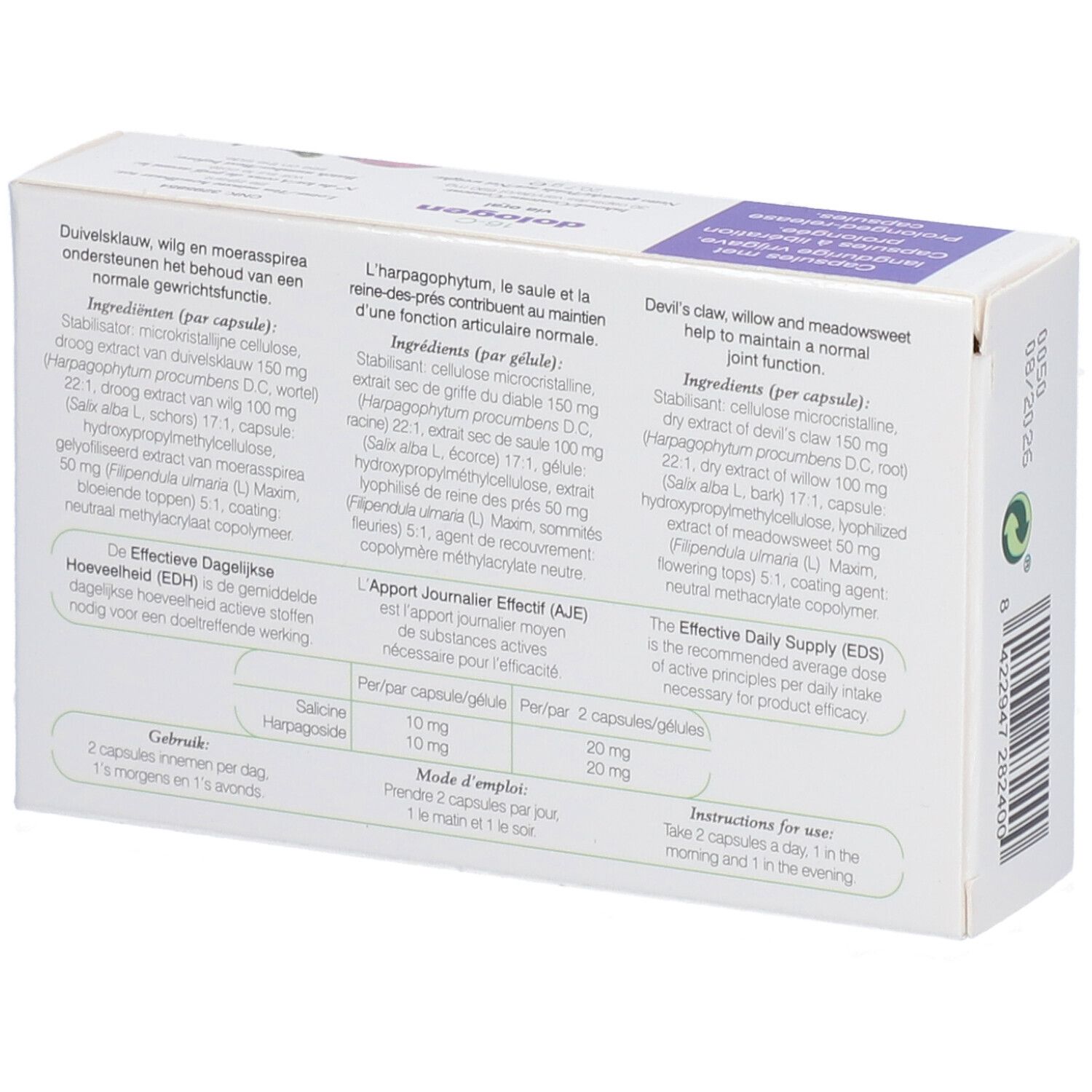 Dos de la boîte "dologen". Texte multilingue. Ingrédients, dosage et instructions d'utilisation.