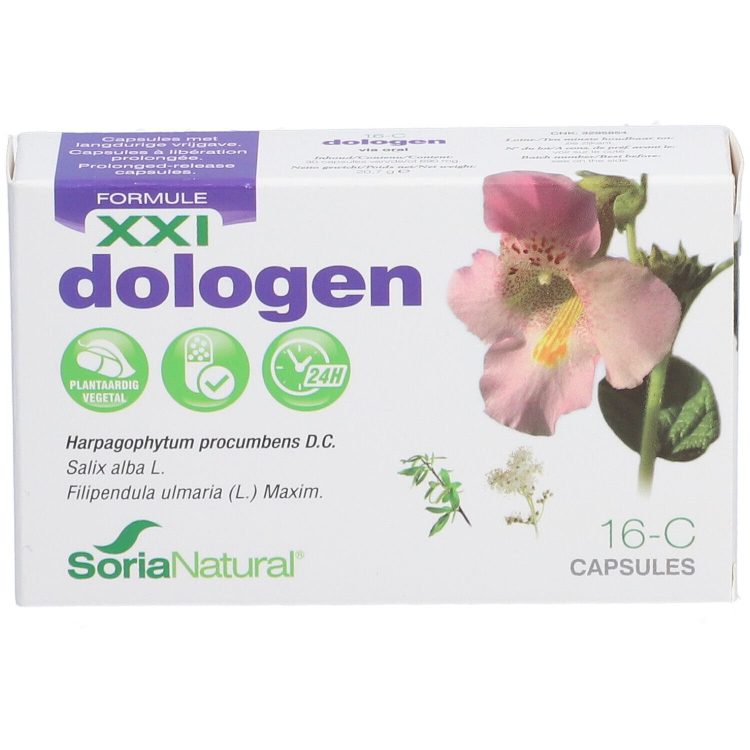 Boîte blanche "dologen" avec motif floral. "Soria Natural" et "16-C CAPSULES" sont visibles.