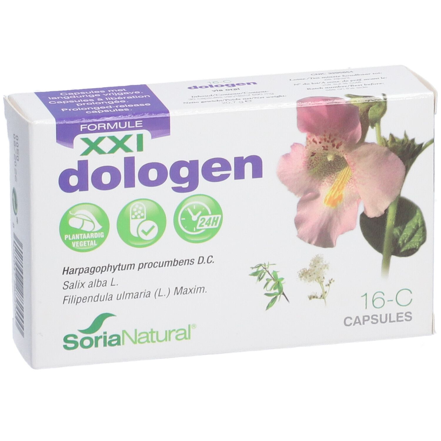 Boîte blanche "dologen" avec motif floral. "Soria Natural" et "16-C CAPSULES" sont visibles.