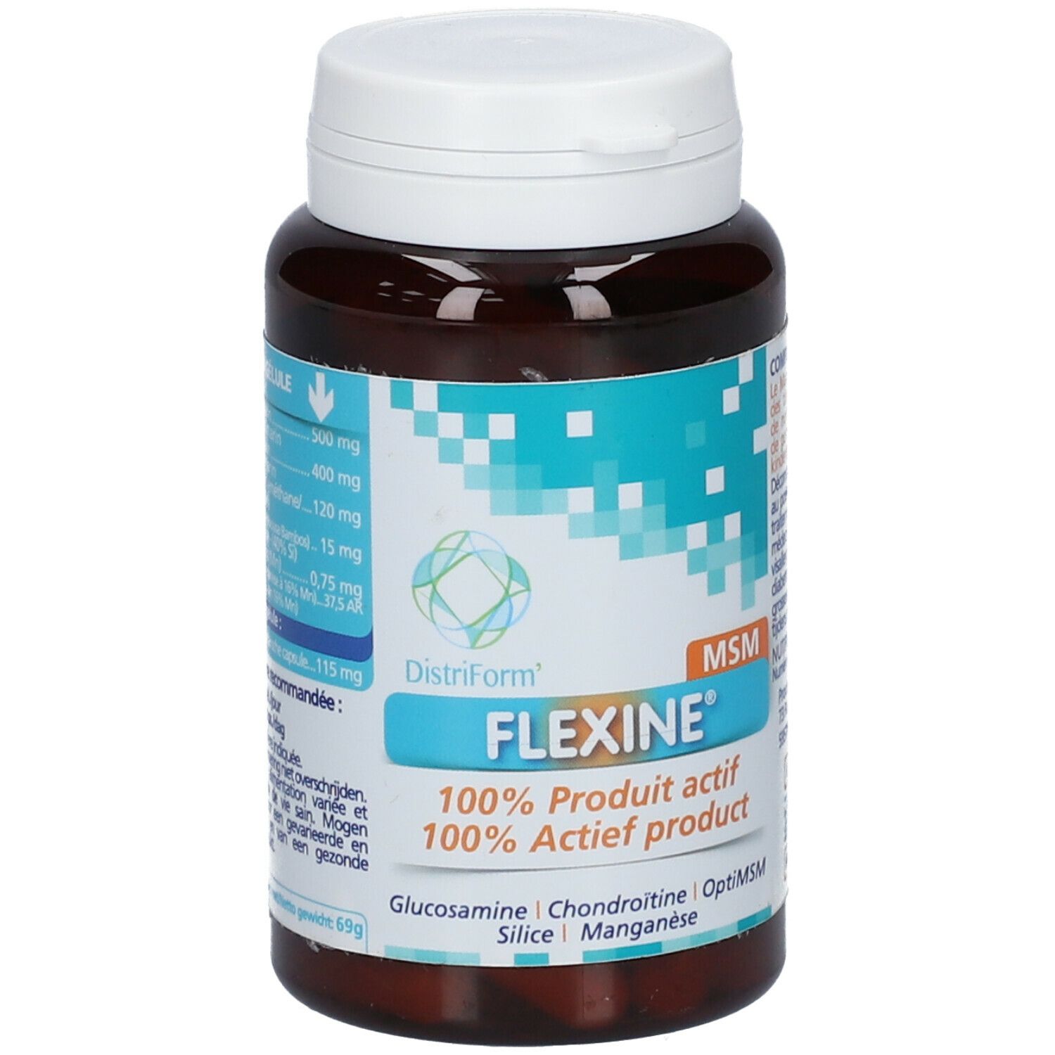 Flacon brun avec bouchon blanc. Inscription FLEXINE®, ingrédients: Glucosamine, Chondroïtine, OptiMSM, Silice, Manganèse.