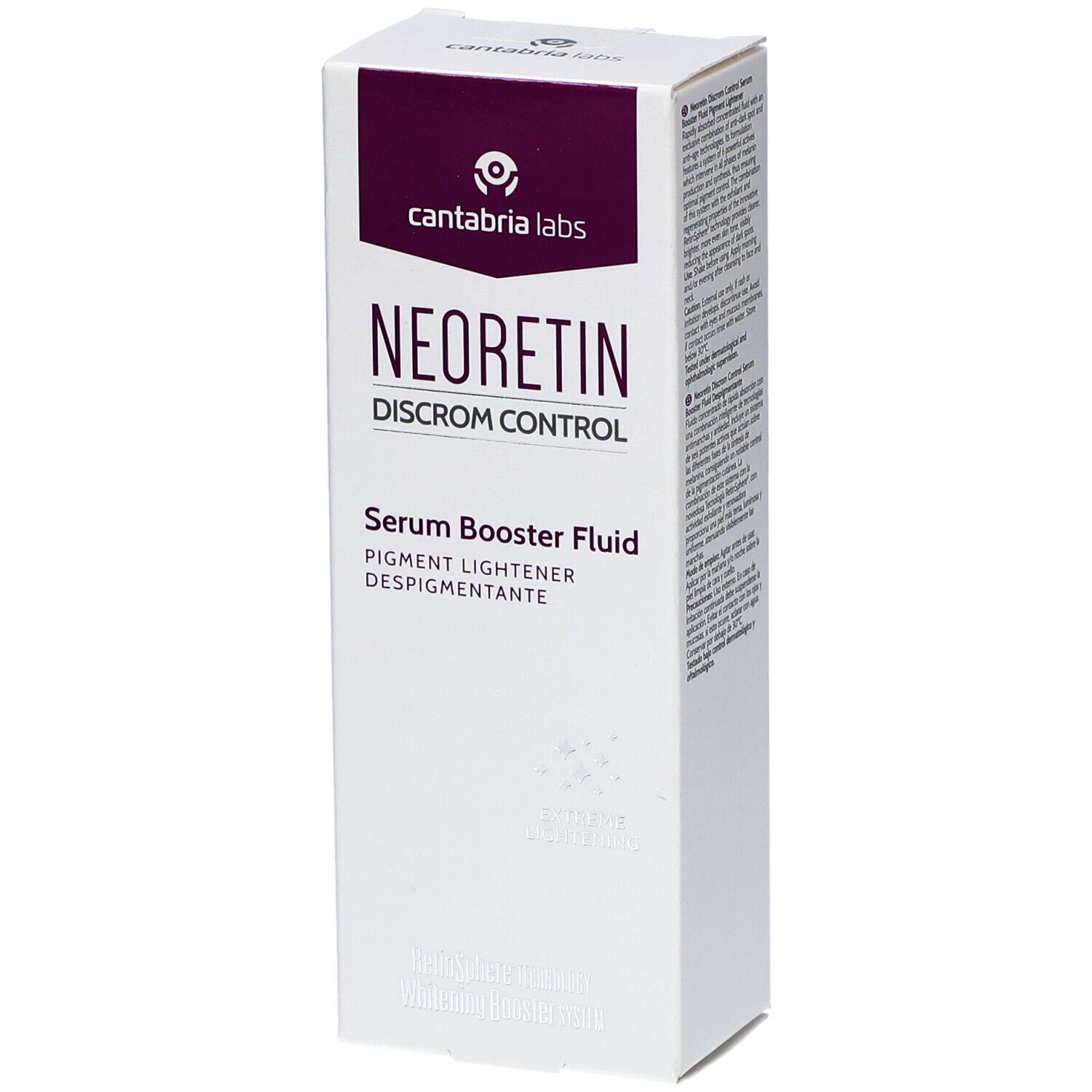 NEORETIN Discrom Control Serum Booster Fluid. Weiße Verpackung. Produktname, Logo und Text sichtbar. Eckige Form.