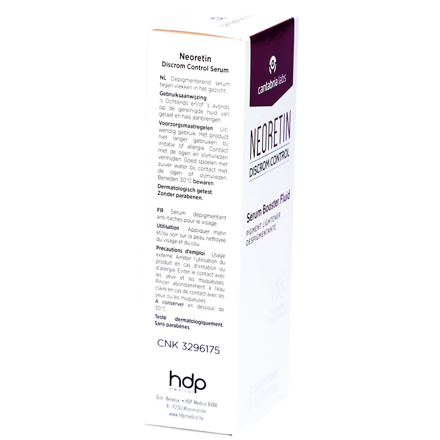NEORETIN Discrom Control Serum Booster Fluid. Verpackung, Seitenansicht. Text und Logo sichtbar. Weiß mit lila Akzenten.