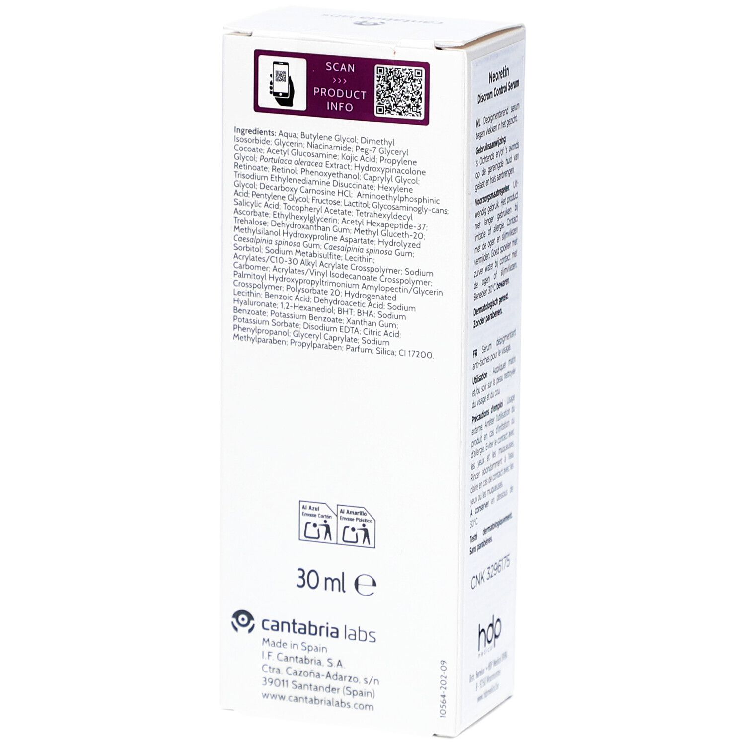 NEORETIN Discrom Control Serum Booster Fluid. Verpackung, Rückseite. Inhaltsstoffe, Text und Logo sichtbar. 30 ml.