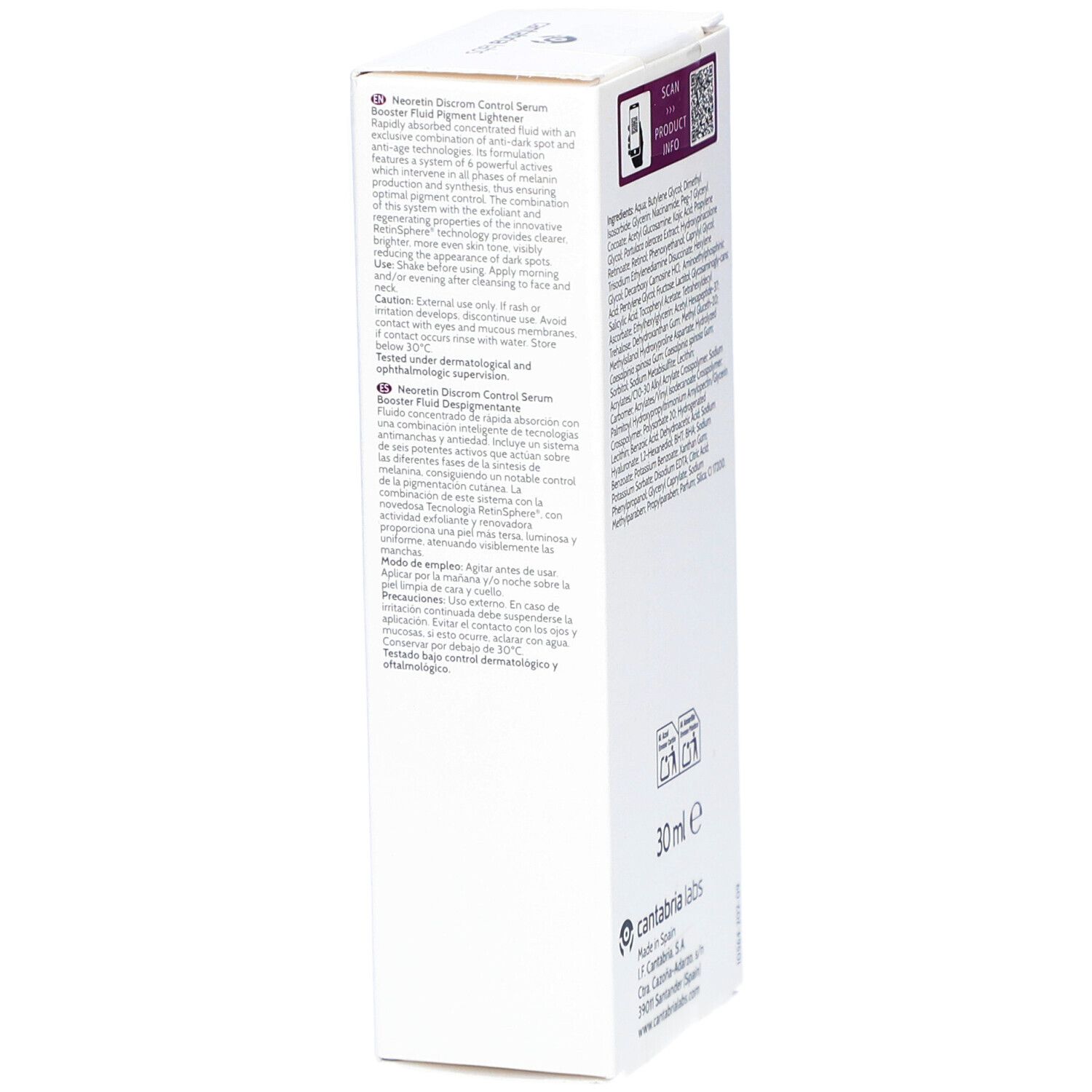 NEORETIN Discrom Control Serum Booster Fluid. Verpackung, Rückseite. Text und Logo sichtbar. 30 ml. Detailansicht.