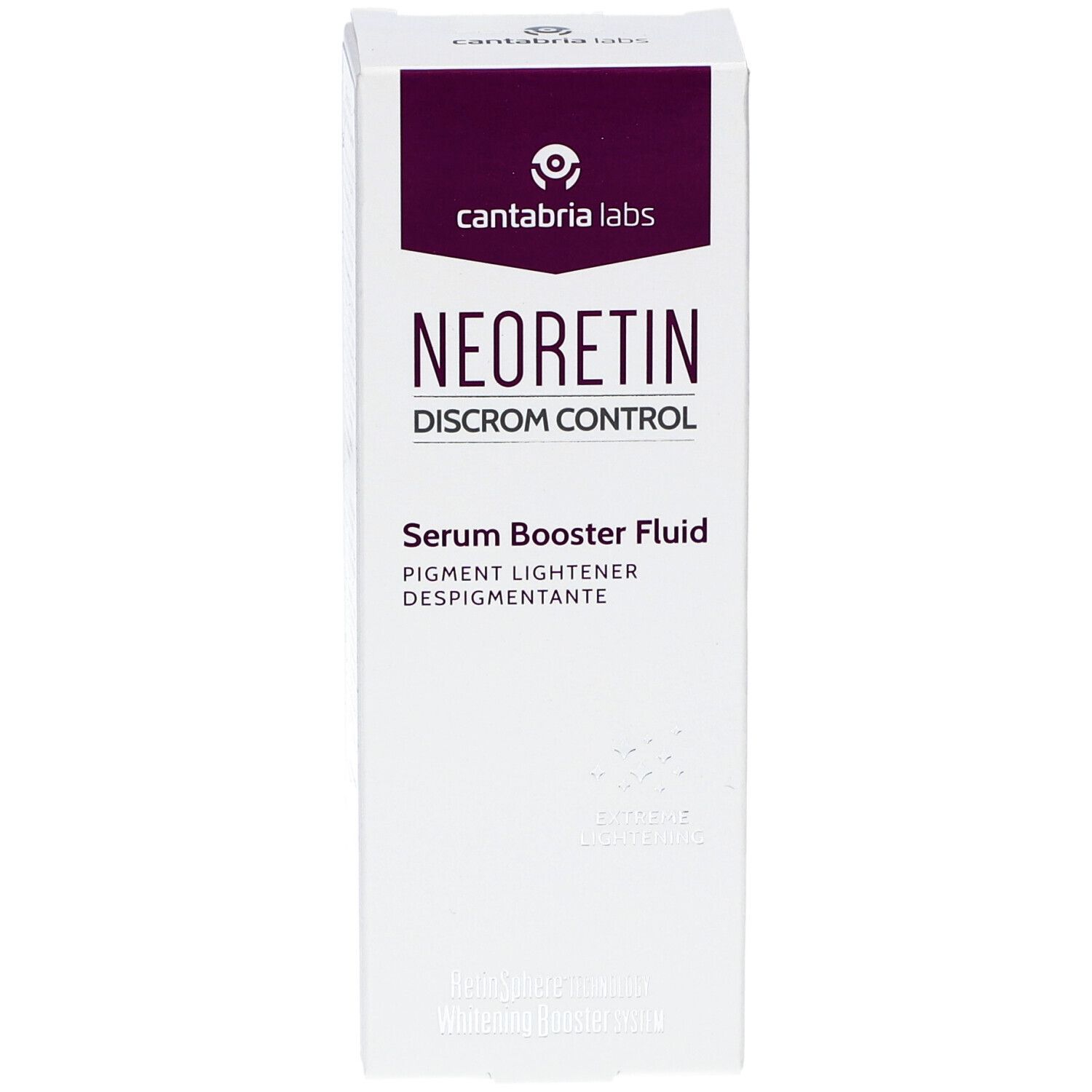 NEORETIN Discrom Control Serum Booster Fluid. Verpackung, Seitenansicht. Text und Logo sichtbar. Weiß mit lila Akzenten.