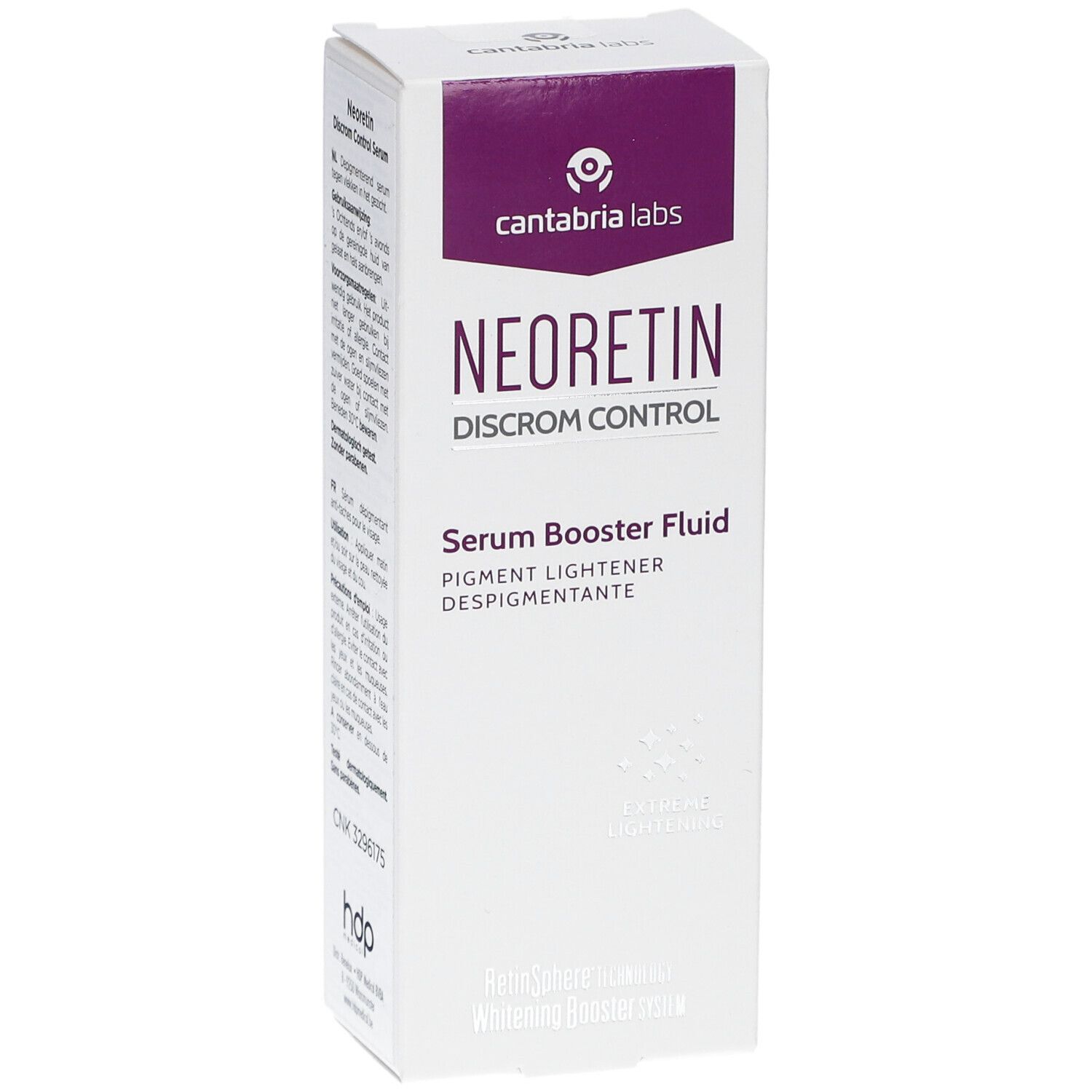 NEORETIN Discrom Control Serum Booster Fluid. Weiße Verpackung. Produktname, Logo und Text sichtbar. Eckige Form.