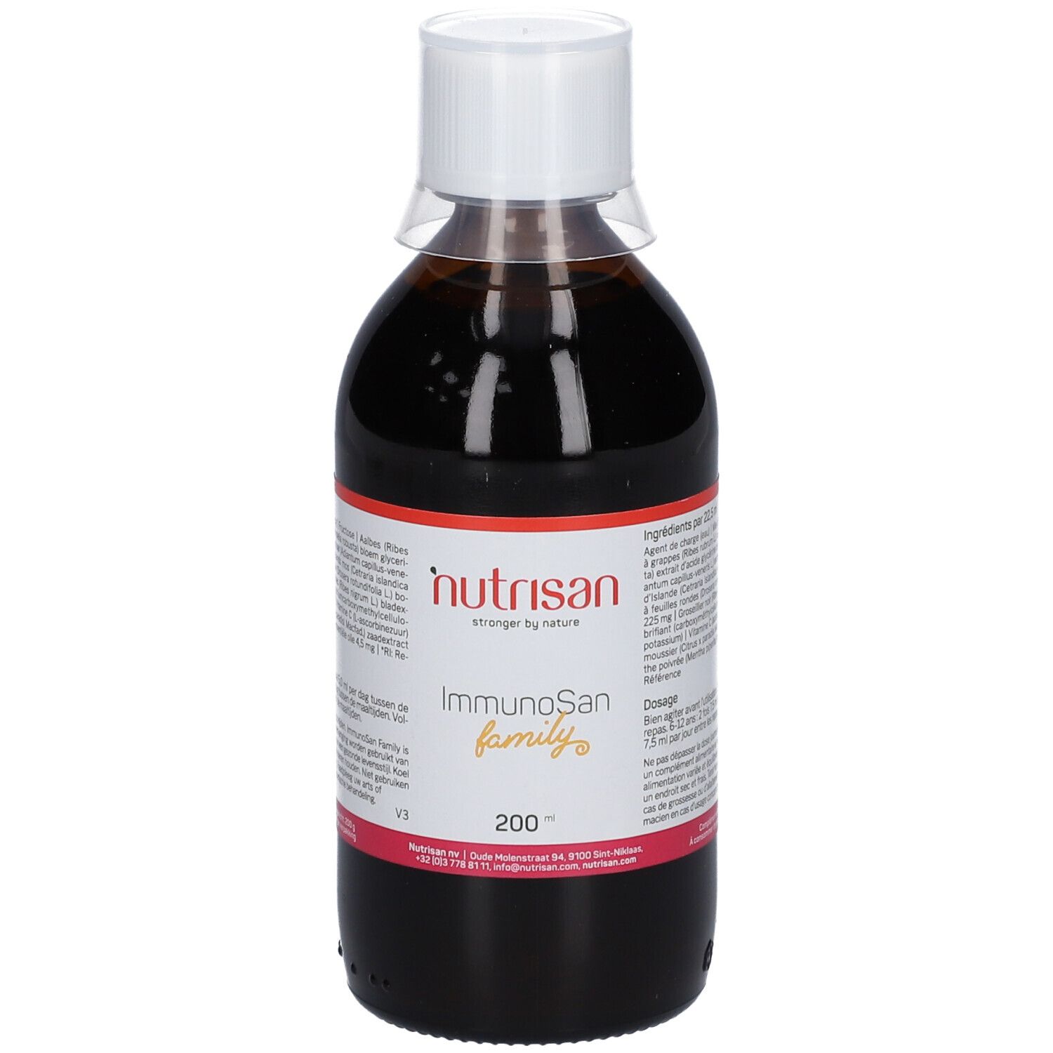 Liquide brun dans une bouteille avec bouchon blanc. Étiquette avec nom du produit et ingrédients. Texte rouge et blanc.