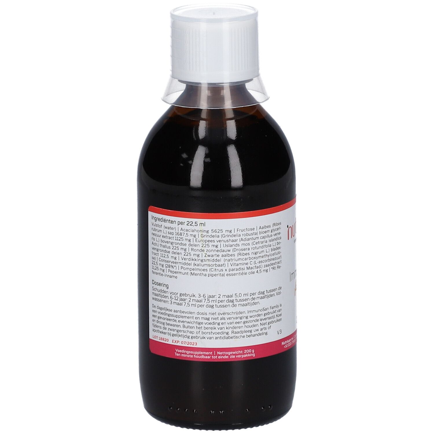 Dos d'une bouteille de liquide brun. Étiquette avec ingrédients et dosage. Texte rouge et blanc.