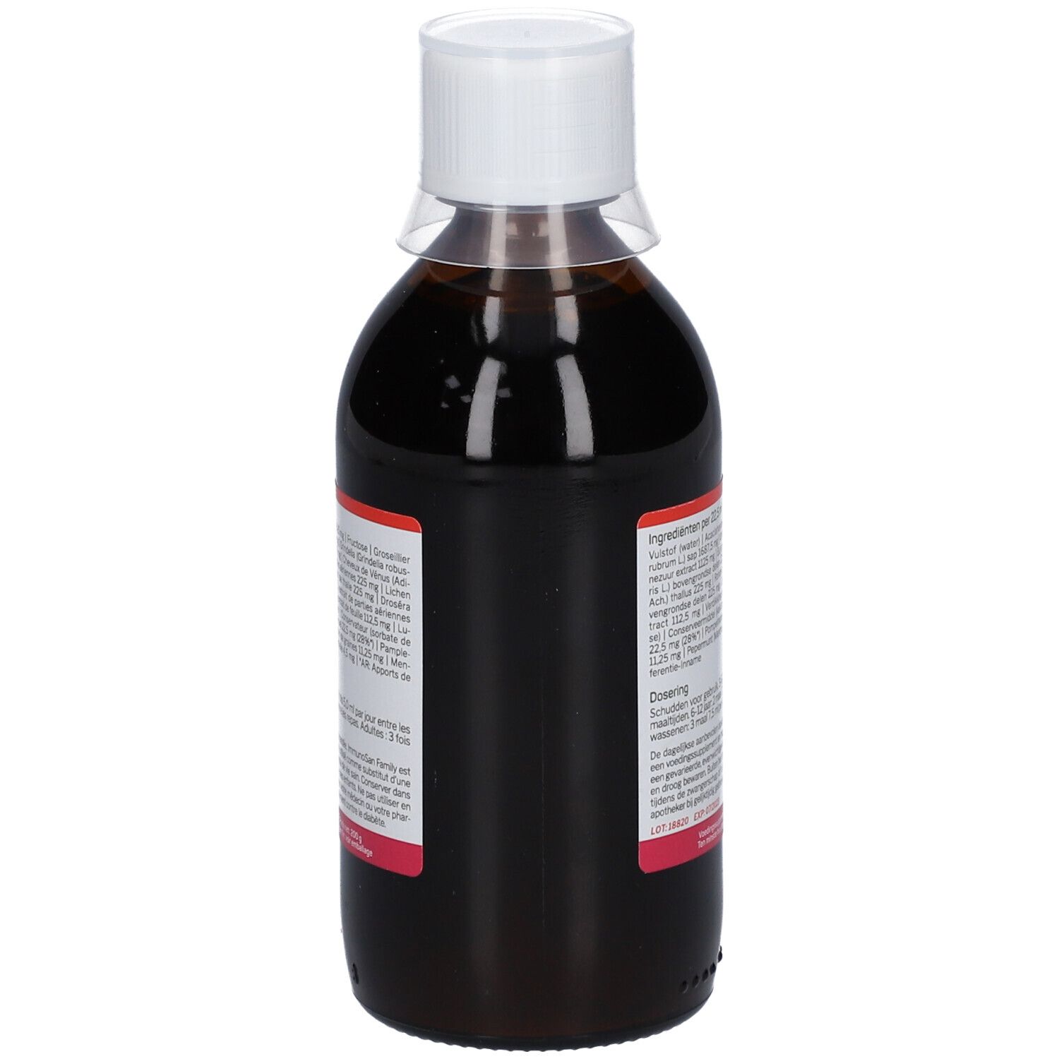 Dos d'une bouteille de liquide brun. Étiquette avec ingrédients et dosage. Texte rouge et blanc.