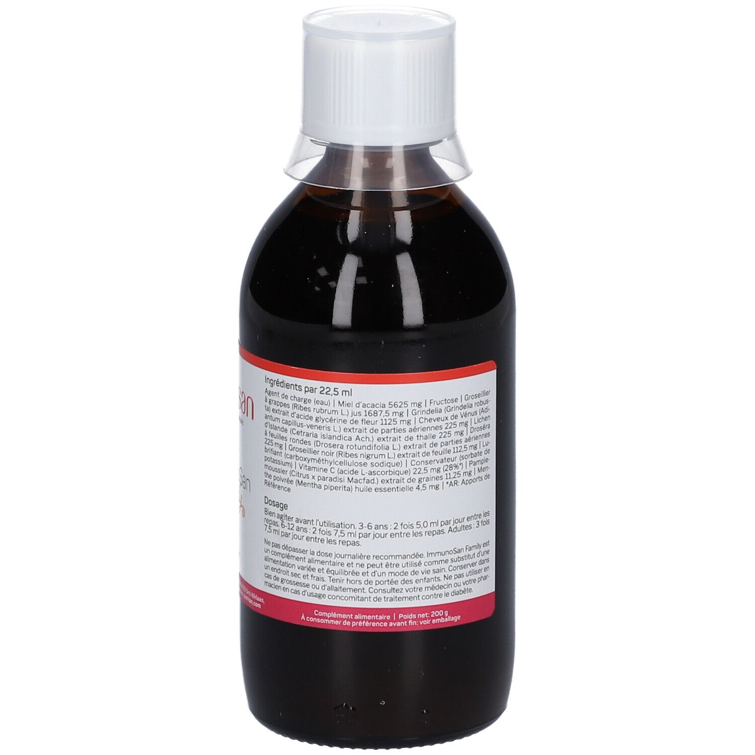 Dos d'une bouteille de liquide brun. Étiquette avec ingrédients et dosage. Texte rouge et blanc.