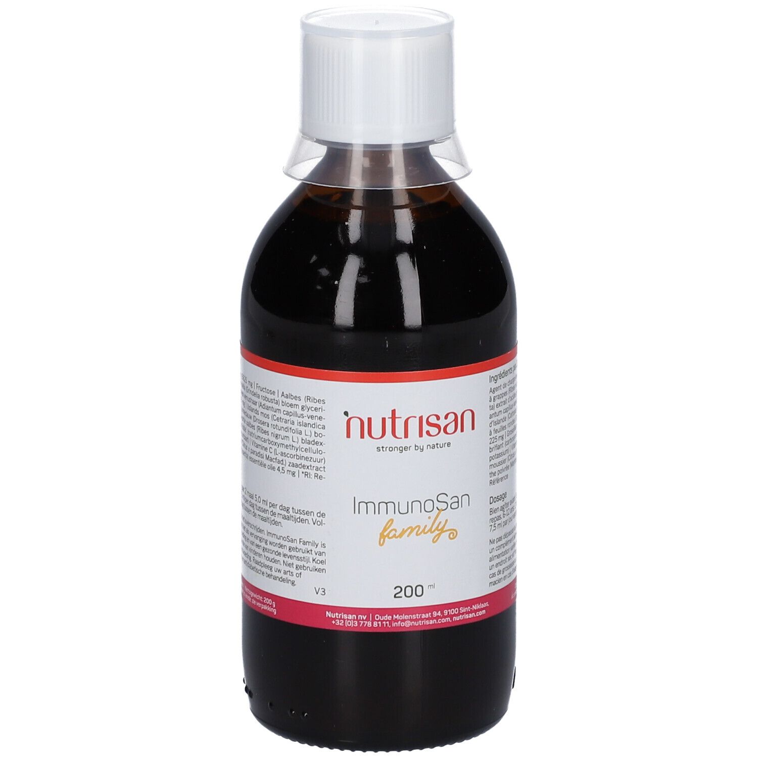 Liquide brun dans une bouteille avec bouchon blanc. Étiquette avec nom du produit et ingrédients. Texte rouge et blanc.