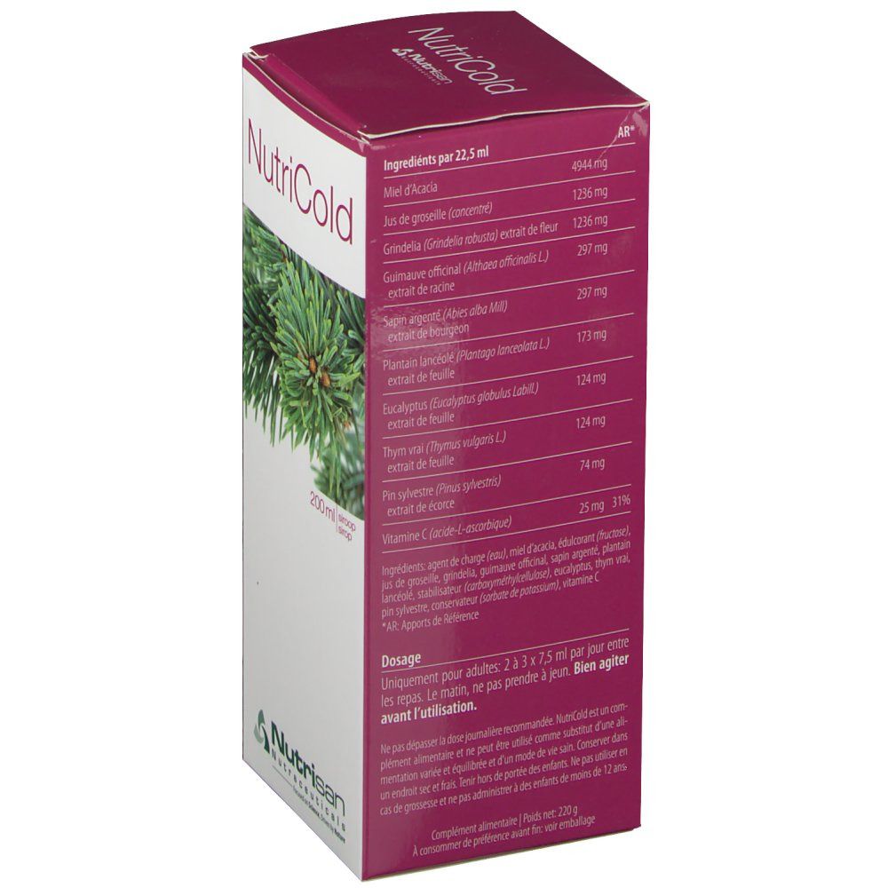 Dos de la boîte NutriCold avec liste d'ingrédients et posologie. Contient miel, thym, vitamine C.