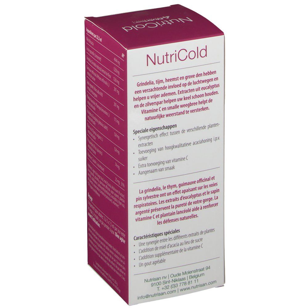 Côté de la boîte NutriCold avec informations sur les ingrédients et les propriétés. Contient de l'eucalyptus.