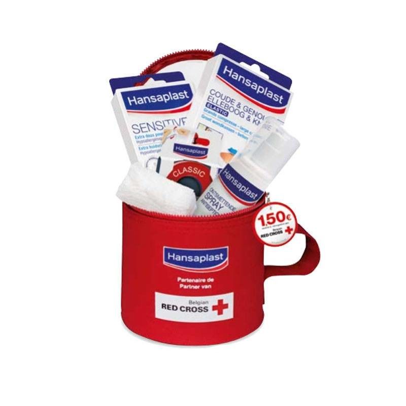 Roter Erste-Hilfe-Set-Behälter mit Reißverschluss, Griff und Inhalt: Pflaster, Spray, Verband, gekennzeichnet mit Hansaplast und Rotes Kreuz.
