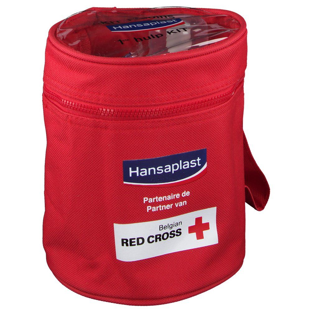 Roter, zylindrischer Erste-Hilfe-Set-Behälter mit Reißverschluss, Griff und transparentem Deckel. Das Hansaplast-Logo und das Rote Kreuz sind sichtbar.