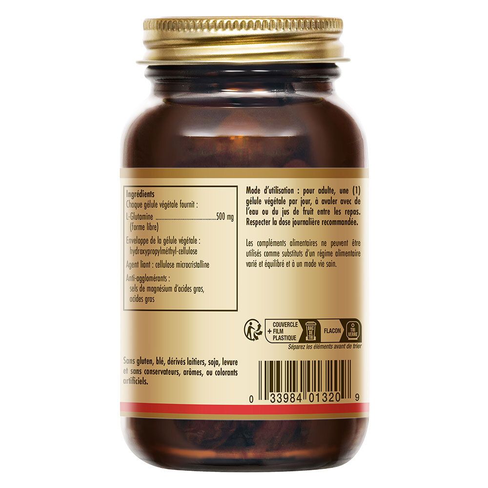 Dos du flacon. Liste des ingrédients. Informations d'utilisation. Code-barres et symbole de recyclage.