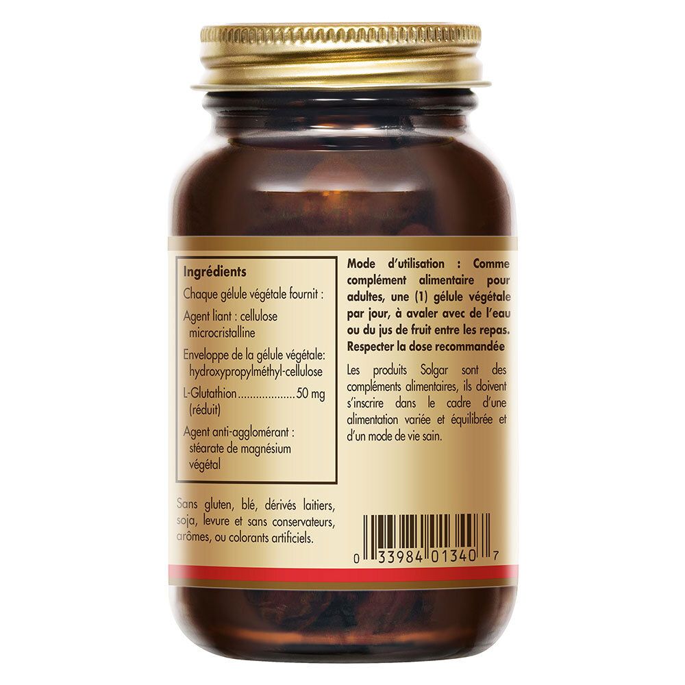 Rückseite der Flasche. Inhaltsstoffe: Cellulose, Hydroxypropylmethylcellulose, L-Glutathion 50 mg.