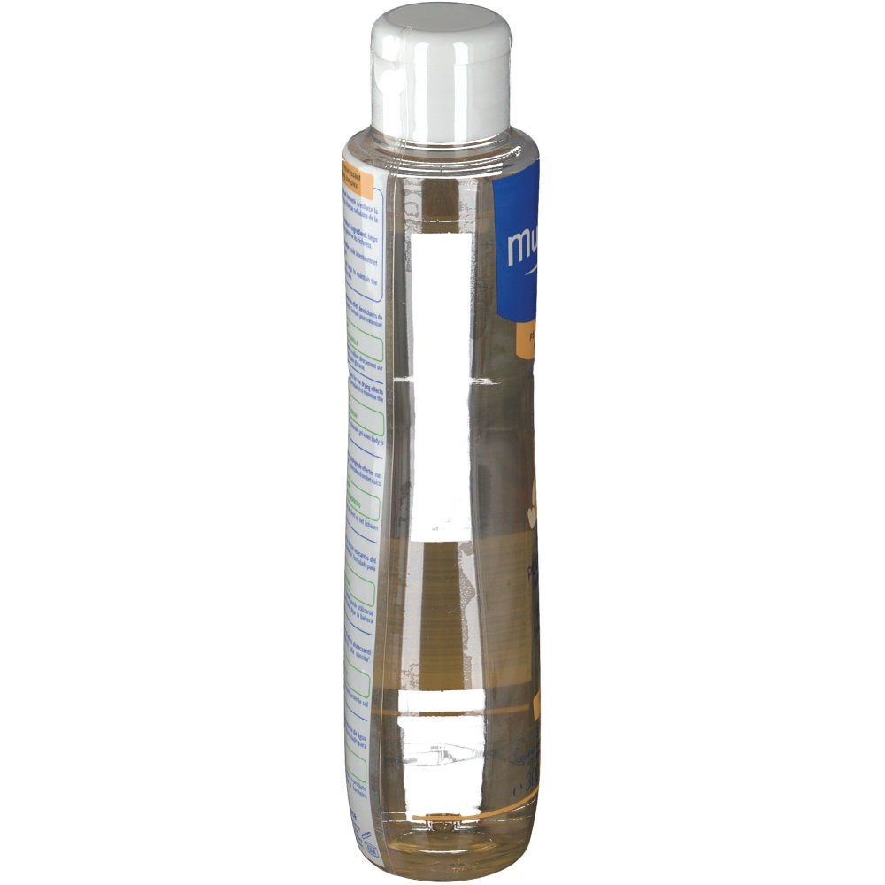 Flacon d'huile de bain Mustela, vue latérale. Étiquette bleue et blanche avec texte. Liquide transparent. Bouchon blanc.