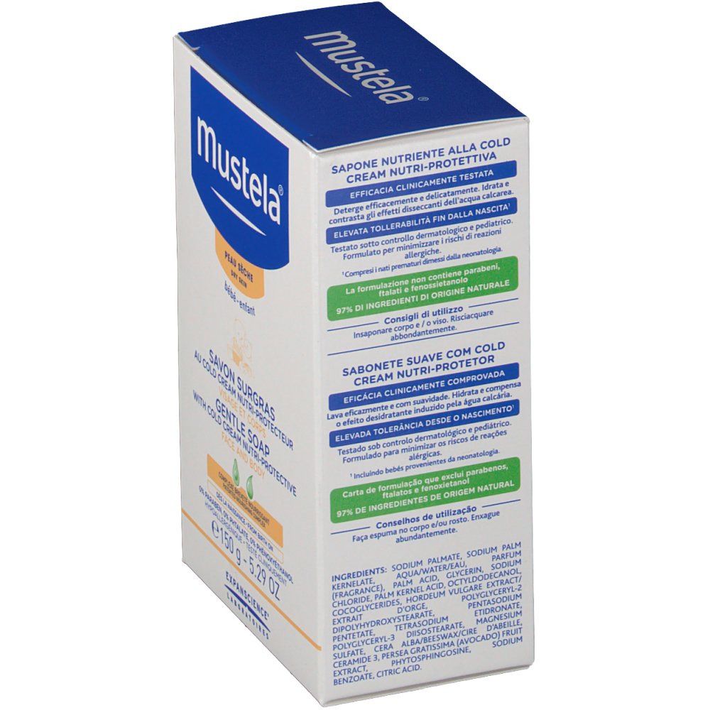 Boîte de savon Mustela pour peau sèche. Ingrédients et informations. Logo et texte en plusieurs langues.