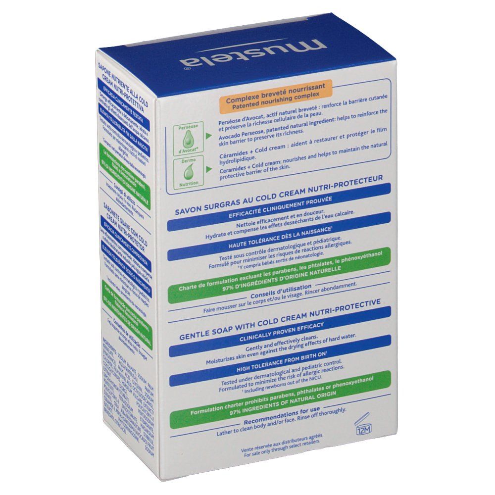 Dos de la boîte de savon Mustela. Informations, ingrédients et certifications. Texte multilingue.