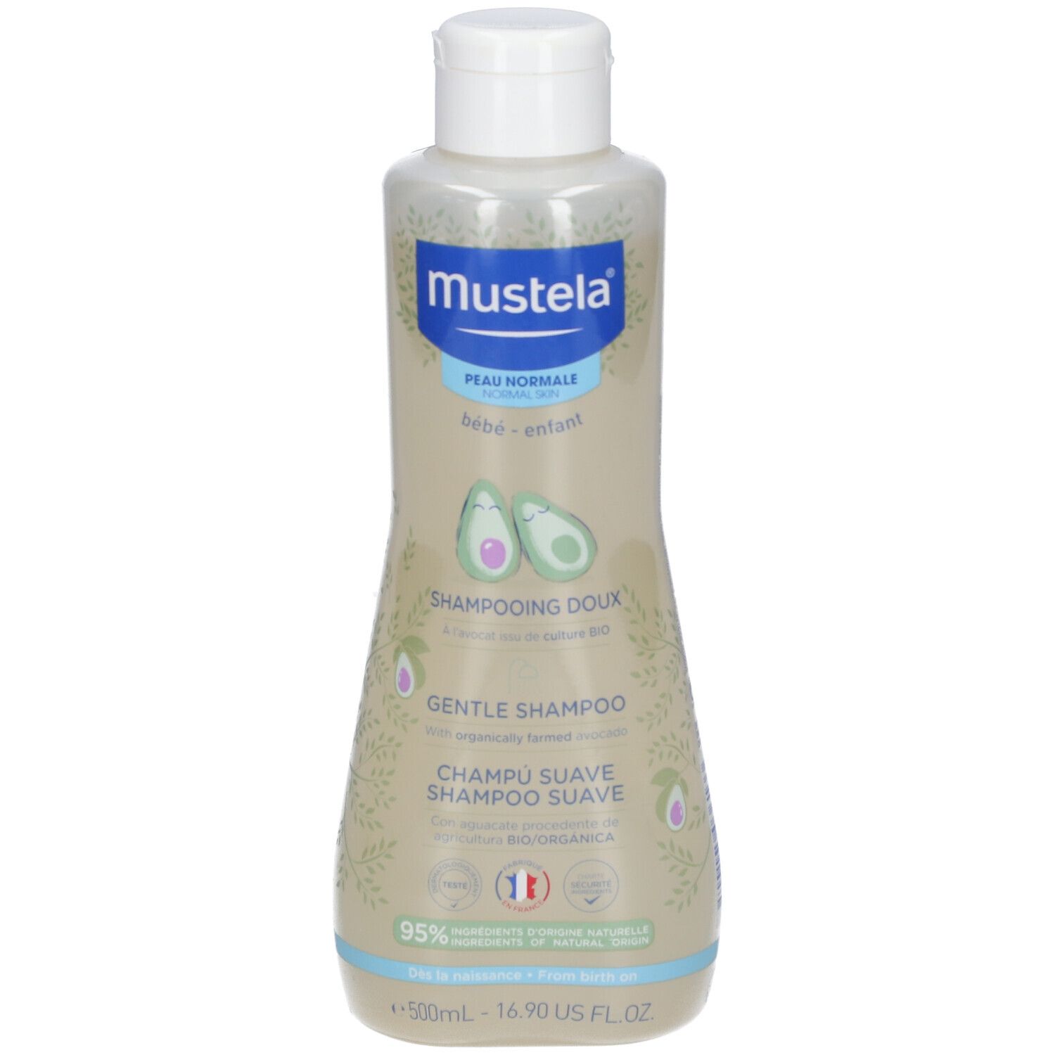 Flacon de shampooing Mustela®, bouchon blanc, liquide clair. Inscriptions: Peau Normale, Bébé-enfant, Shampooing Doux, Gentle Shampoo.