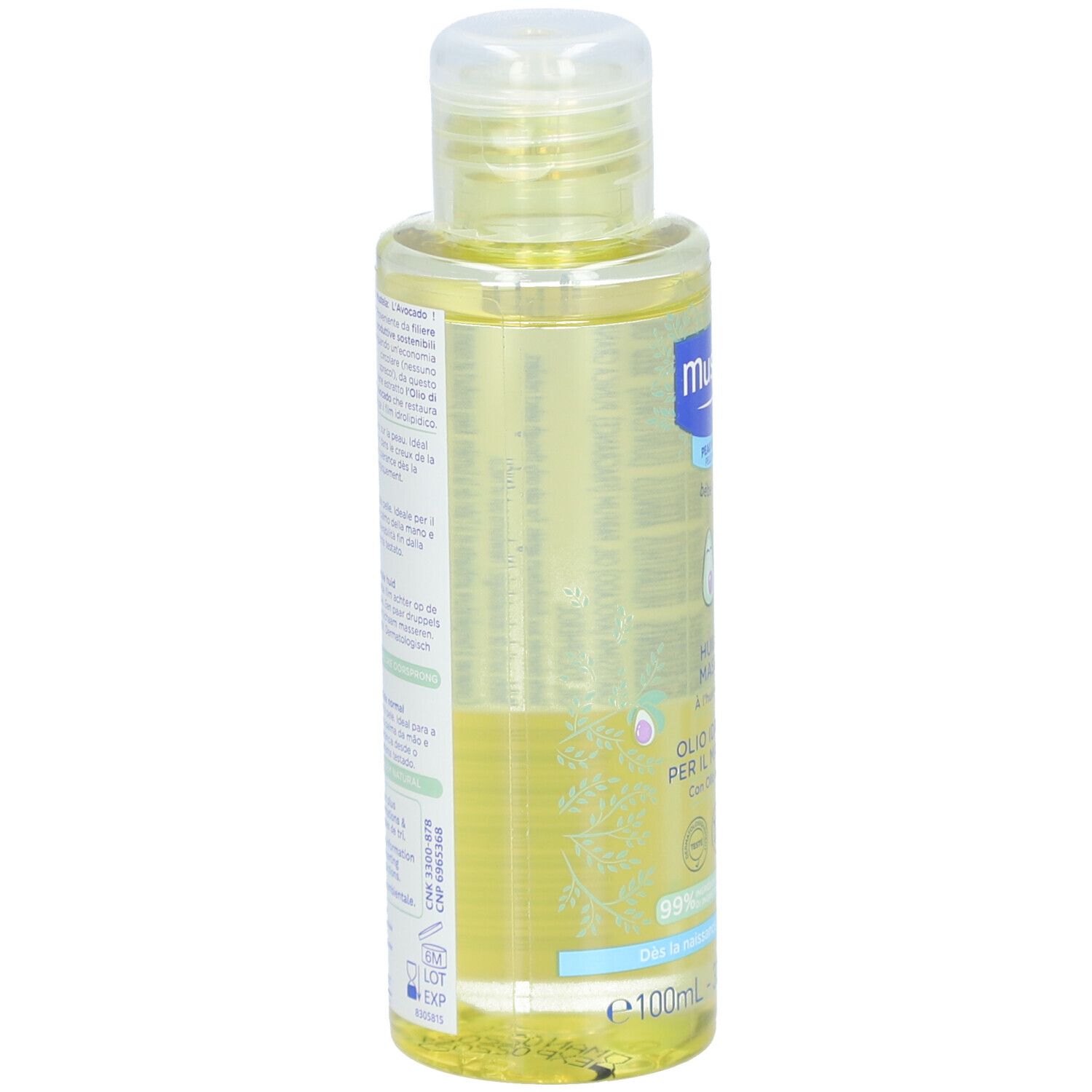 Rückseite der Mustela® Massageöl Flasche. Etikett mit Produktinformationen und Text. Transparente Flasche.