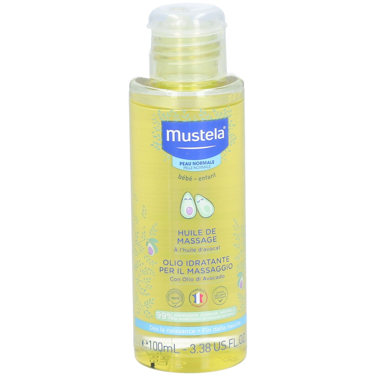 Mustela® Massageöl Flasche. Gelbe Flüssigkeit, weißer Deckel. Etikett mit Avocado-Illustrationen und Produktinformationen.