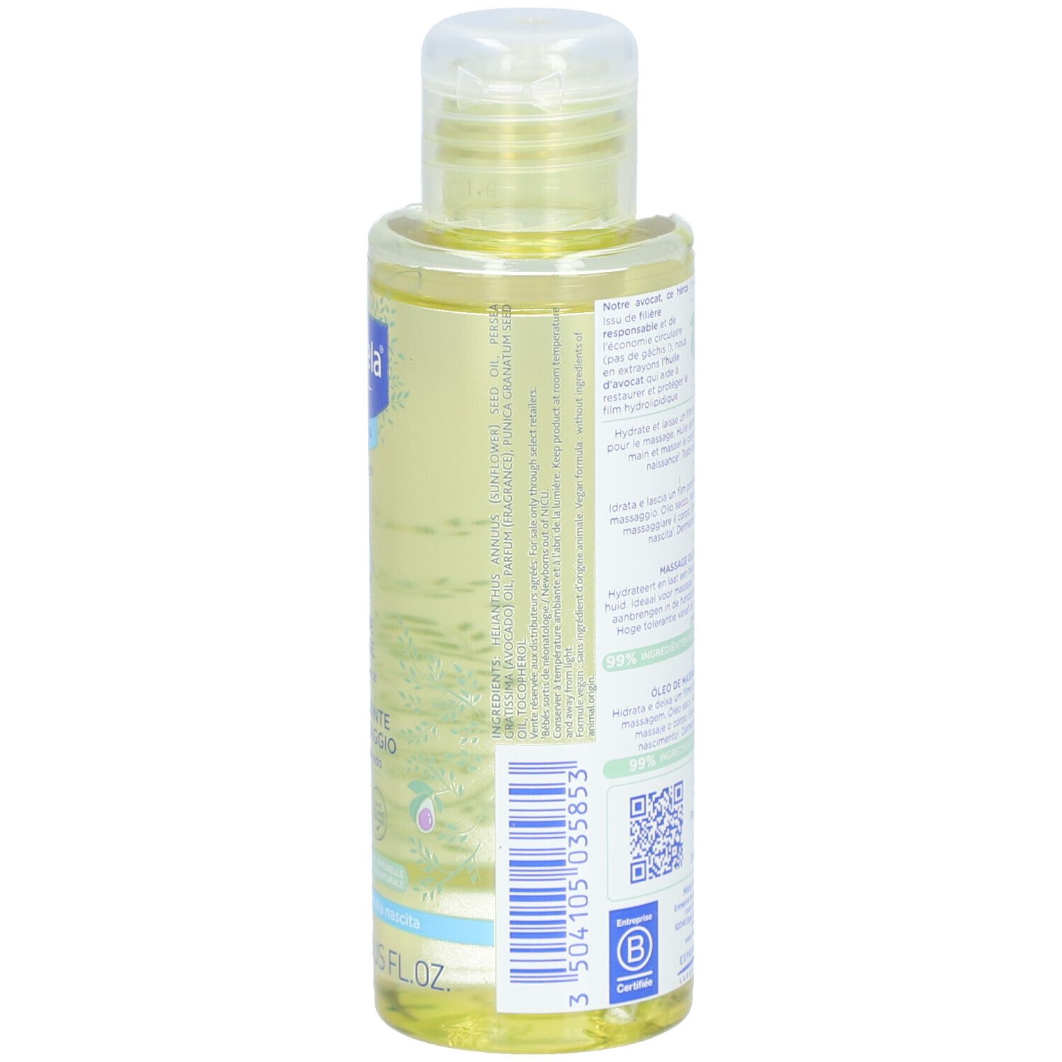 Rückseite der Mustela® Massageöl Flasche. Etikett mit Produktinformationen und Text. Transparente Flasche.
