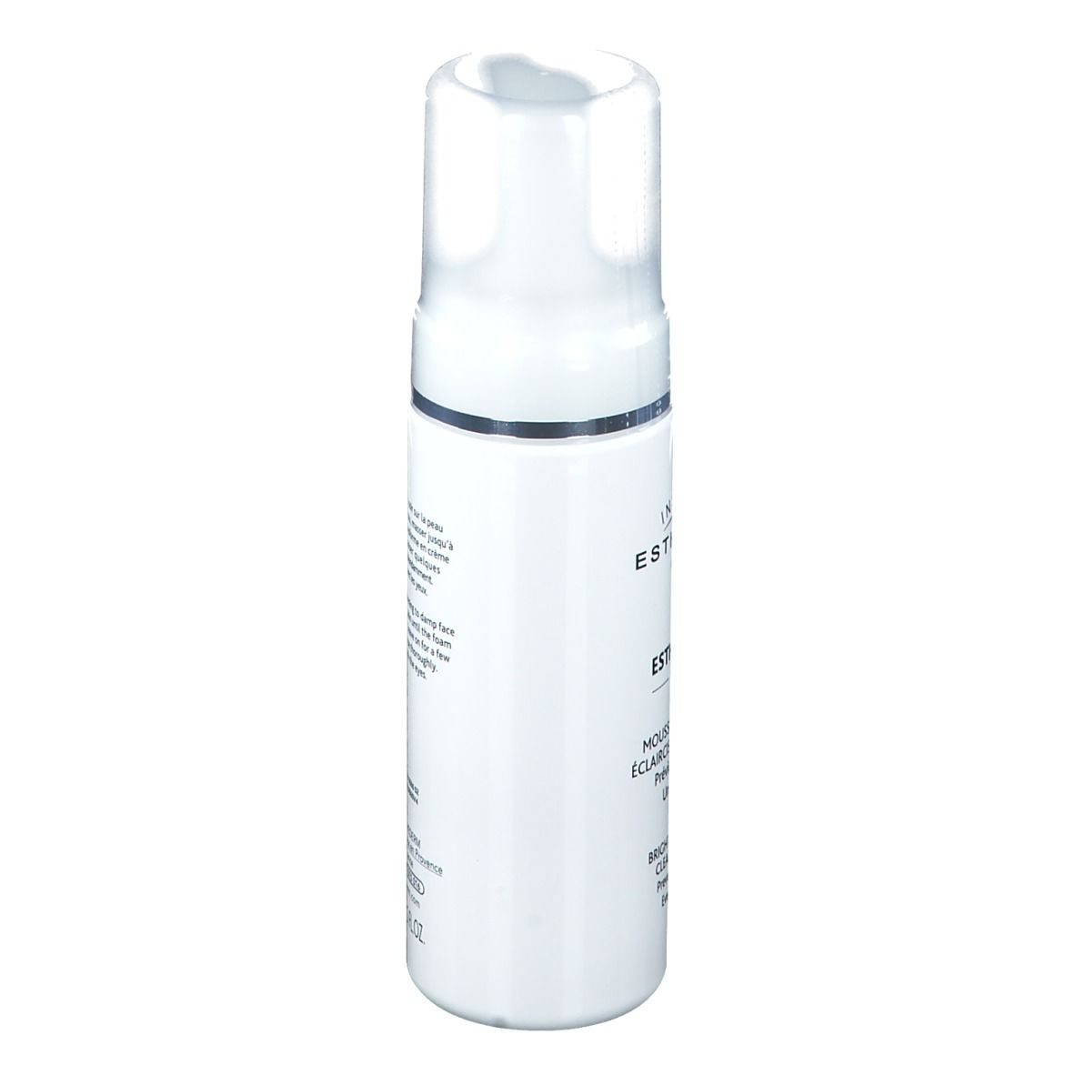 Weiße Flasche INSTITUT ESTHEDERM. Text: Esthe-White System, Reinigungsschaum. Seitliche Ansicht. Klare Kappe.