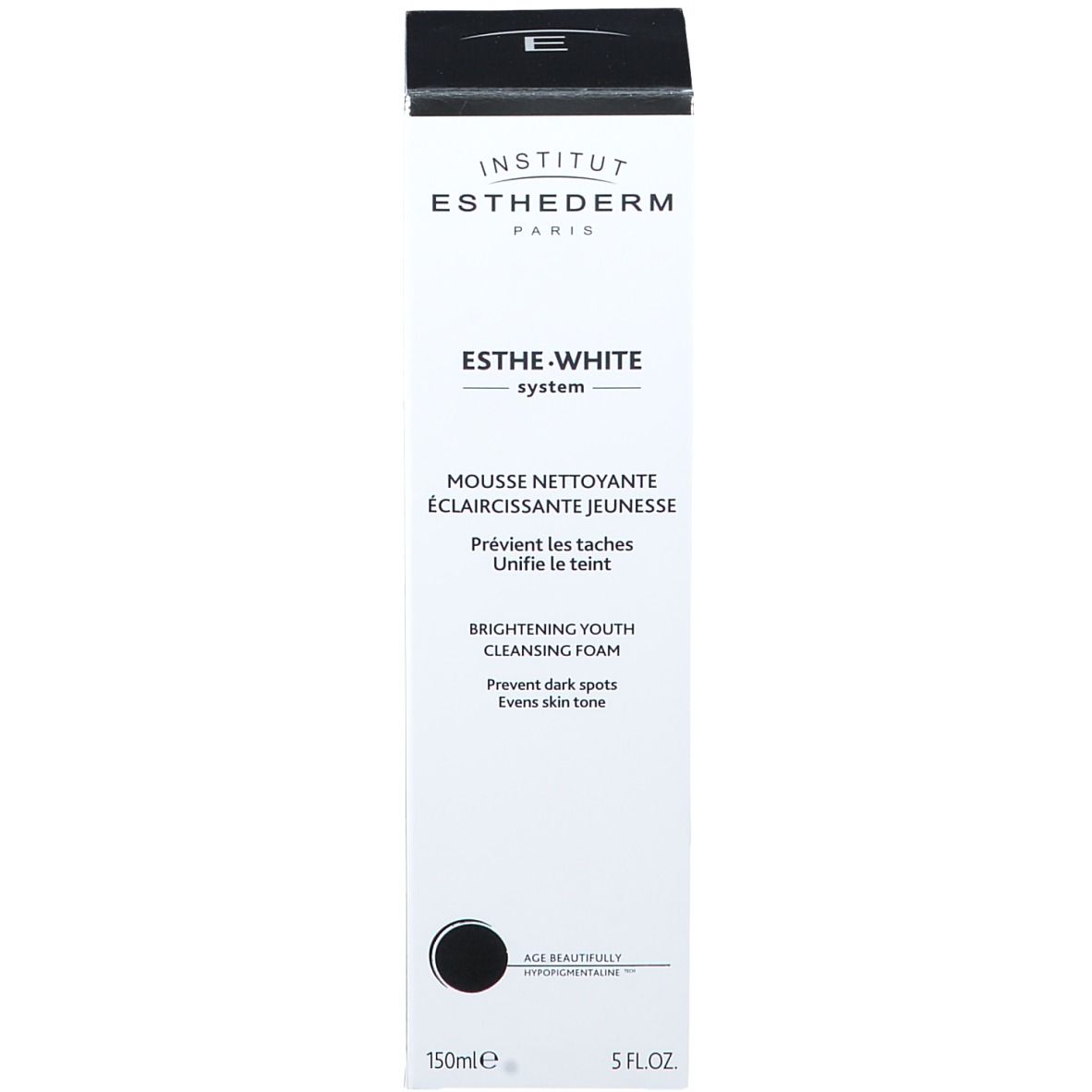 Hohe, weiße Verpackung. INSTITUT ESTHEDERM Esthe-White System. Text: Reinigungsschaum. Schwarzer Deckel.