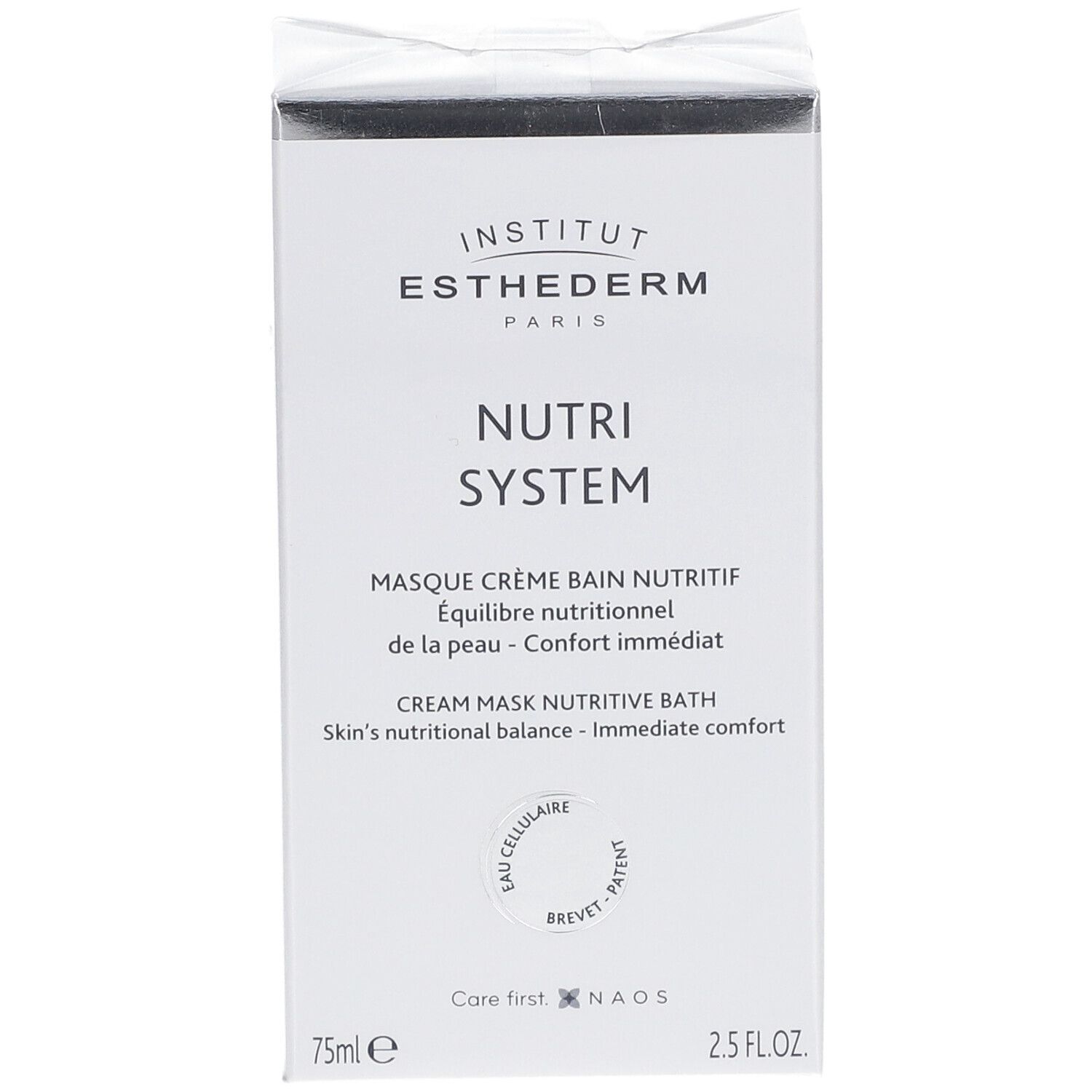 Boîte blanche avec logo et nom du produit. Texte: Nutri System, Masque Crème Bain Nutritif. 75ml, 2.5 FL.OZ.