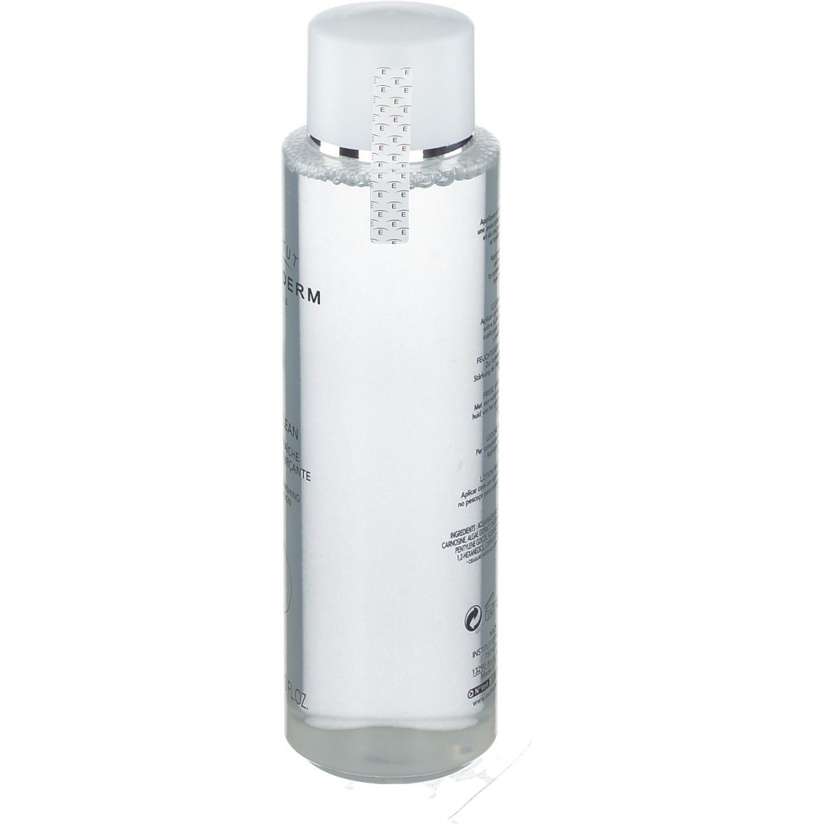 Flacon transparent avec bouchon blanc. Étiquette avec texte. INSTITUT ESTHEDERM visible. Flacon posé sur fond blanc.