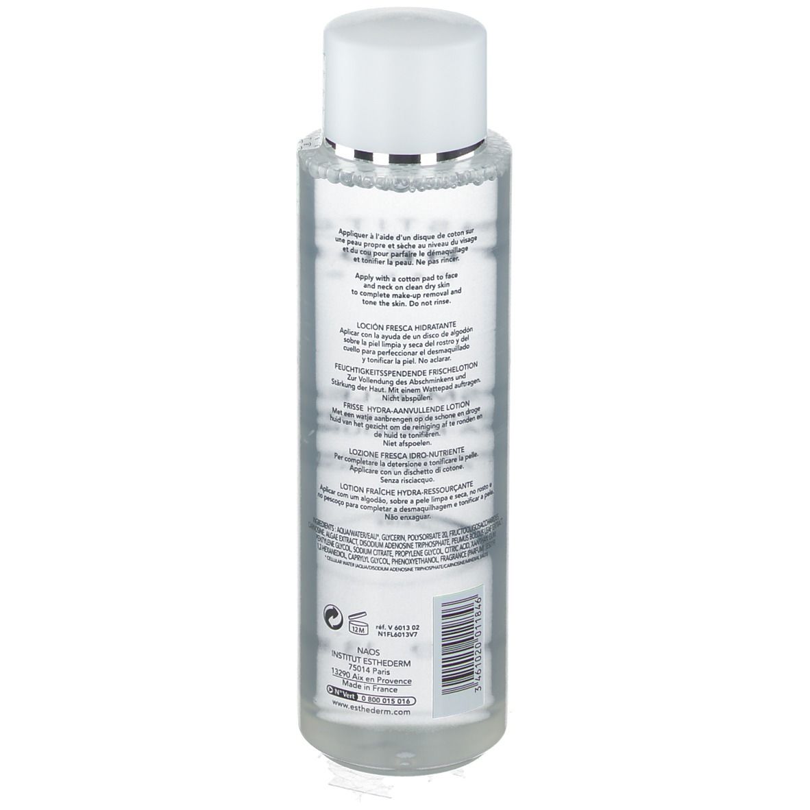 Flacon transparent avec bouchon blanc. Étiquette avec texte. INSTITUT ESTHEDERM visible. Flacon posé sur fond blanc.