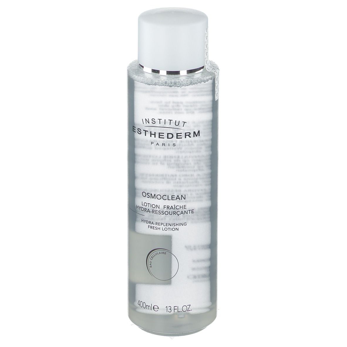 Flacon transparent avec bouchon blanc. Étiquette avec texte. INSTITUT ESTHEDERM et OSMOCLEAN visibles. Flacon debout.