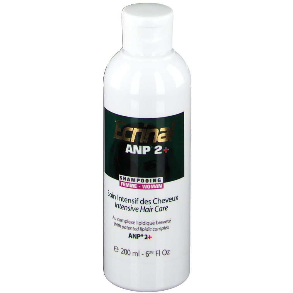 Ecrinal ANP 2+ Shampoo Frau. Weiße Flasche mit grünem Etikett. Text: Soin Intensif des Cheveux, Shampooing Femme.