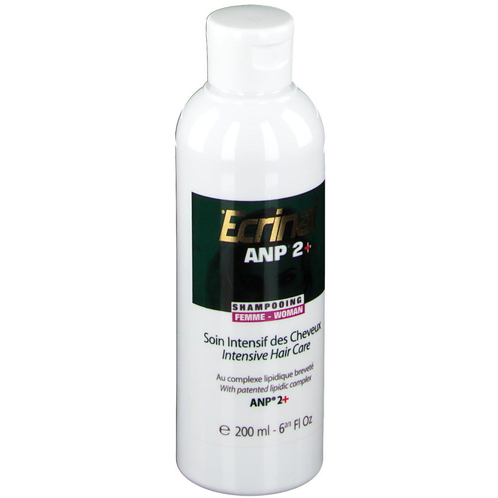 Ecrinal ANP 2+ Shampoo Frau. Weiße Flasche mit grünem Etikett. Text: Soin Intensif des Cheveux, Shampooing Femme.