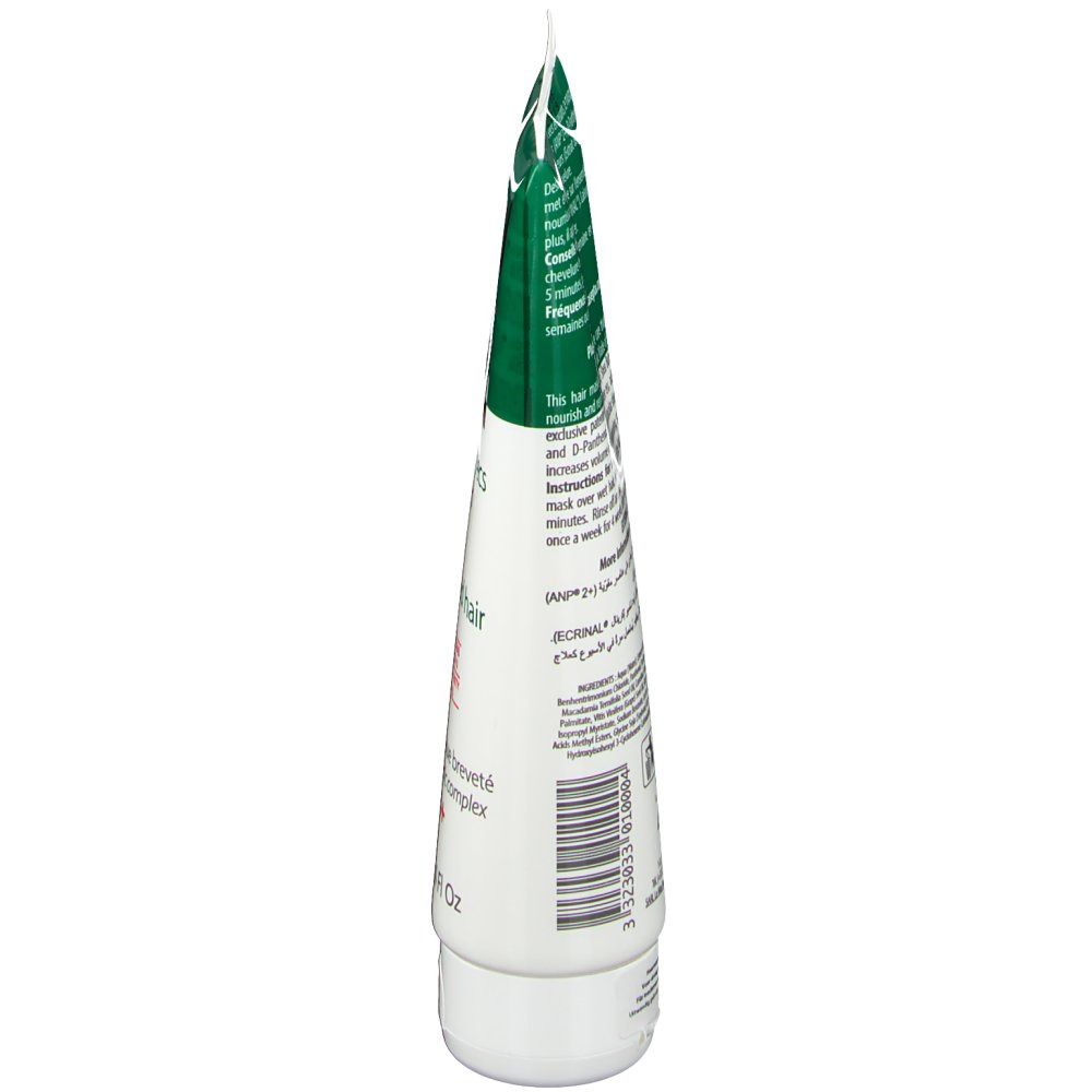 Tube von Ecrinal ANP 2+ Haarmaske. Rückseite mit Text in mehreren Sprachen. Barcode und Volumenangabe: 125 ml.