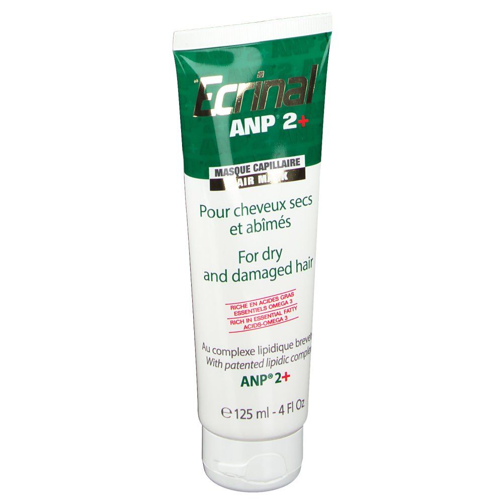 Tube Ecrinal ANP 2+ Haarmaske. Vorderseite mit Produktnamen und Beschreibung. Für trockenes und geschädigtes Haar. 125 ml.