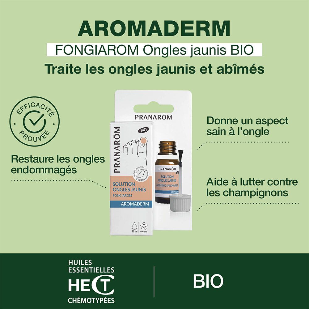 Flacon brun, bouchon blanc. Texte: Solution Ongles Jaunis Fongiarom. Certification Bio.