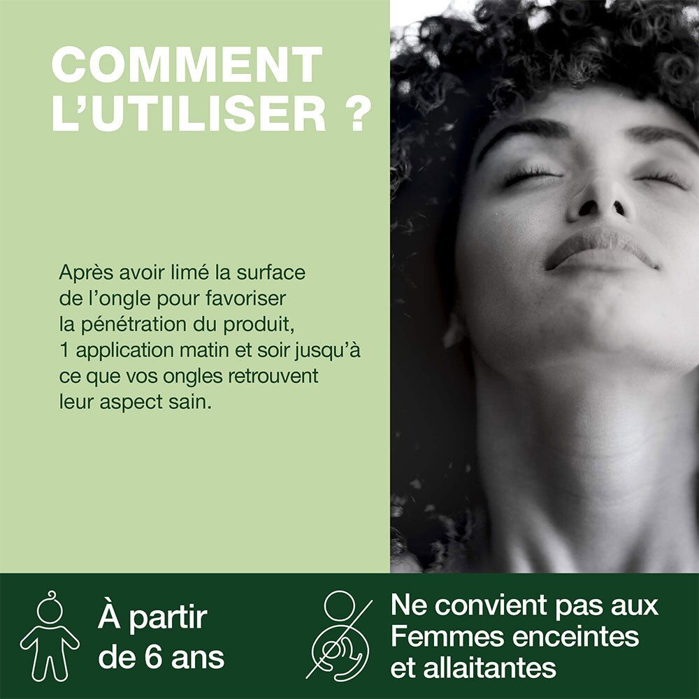 Flacon brun, bouchon blanc. Texte: Solution Ongles Jaunis Fongiarom. Certification Bio.