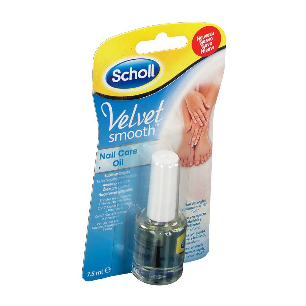 Scholl Velvet Smooth Nagelpflege Öl in Verpackung. Flasche mit weißem Verschluss. Aufschrift: Velvet Smooth Nail Care Oil.