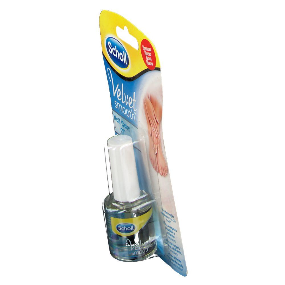 Scholl Velvet Smooth Nagelpflege Öl in Verpackung. Flasche mit weißem Verschluss. Aufschrift: Velvet Smooth Nail Care Oil.
