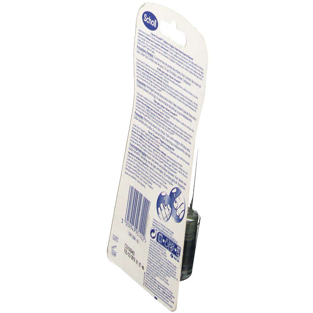 Rückseite der Scholl Velvet Smooth Nagelpflege Öl Verpackung. Text in mehreren Sprachen. Barcode und Informationen.