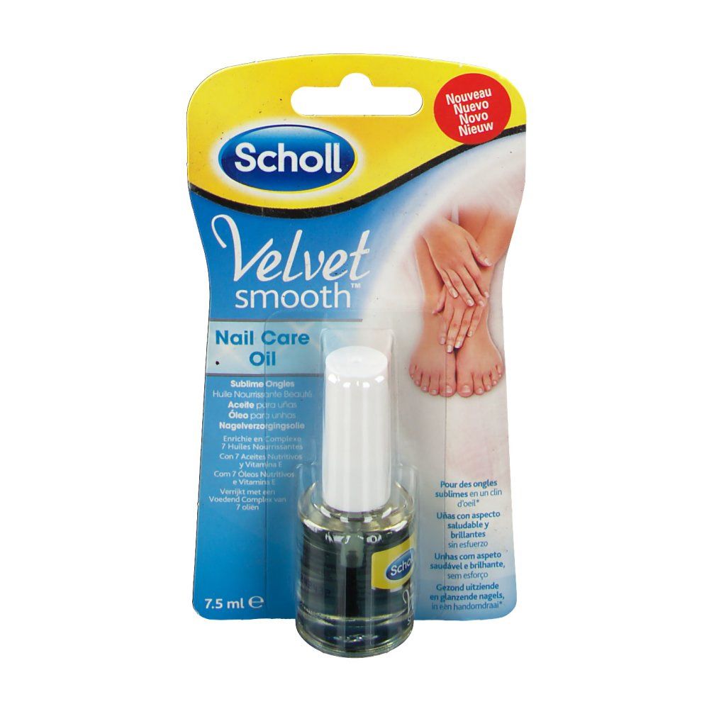 Scholl Velvet Smooth Nagelpflege Öl in Verpackung. Flasche mit weißem Verschluss. Aufschrift: Velvet Smooth Nail Care Oil.