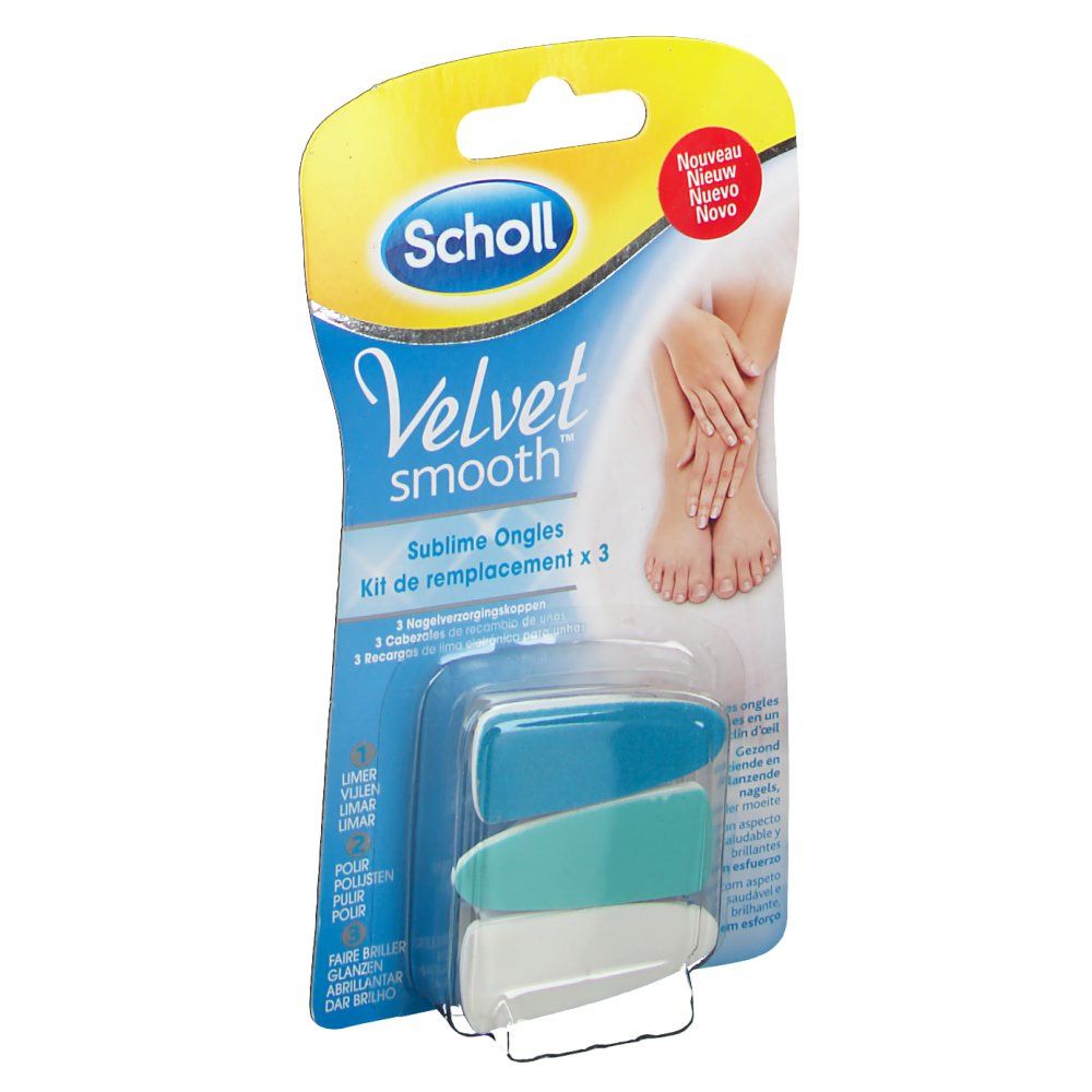 Kit de remplacement Scholl Velvet Smooth. Trois têtes bleues, turquoise et blanches. Emballage avec nom du produit et illustration.