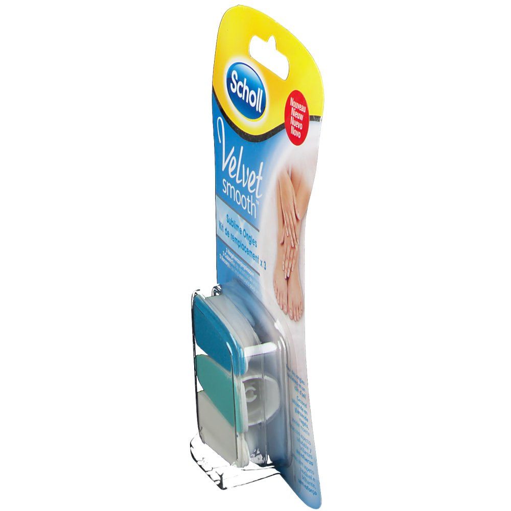 Kit de remplacement Scholl Velvet Smooth. Vue latérale de l'emballage avec trois têtes. Nom du produit et logo visibles.